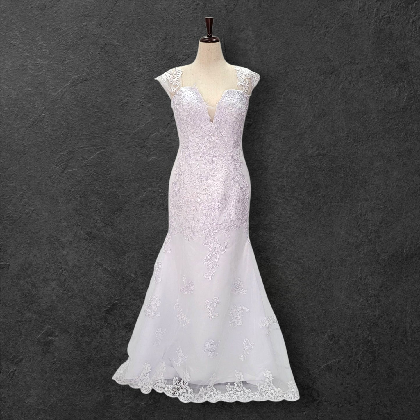 Fit n Flair Wedding Dress with Deep Sweetheart Neckline and Wide Sleeves