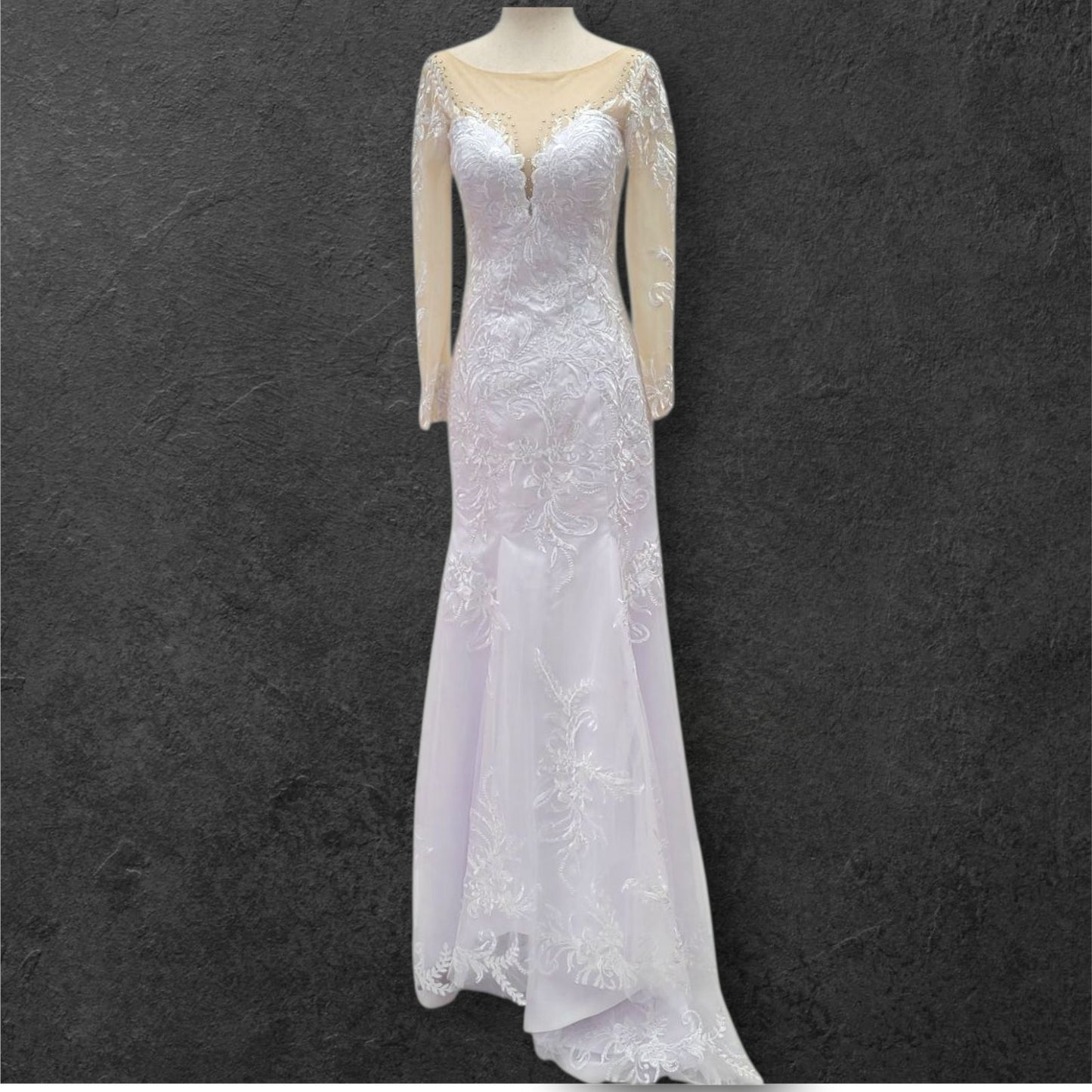Fitted V Neck Wedding Dress with Long Mesh Sleeves with Lace