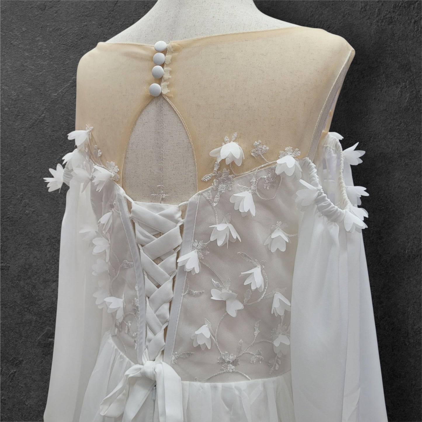 Boho Chiffon Off Shoulder Long Sleeve Wedding Dress with Flowers
