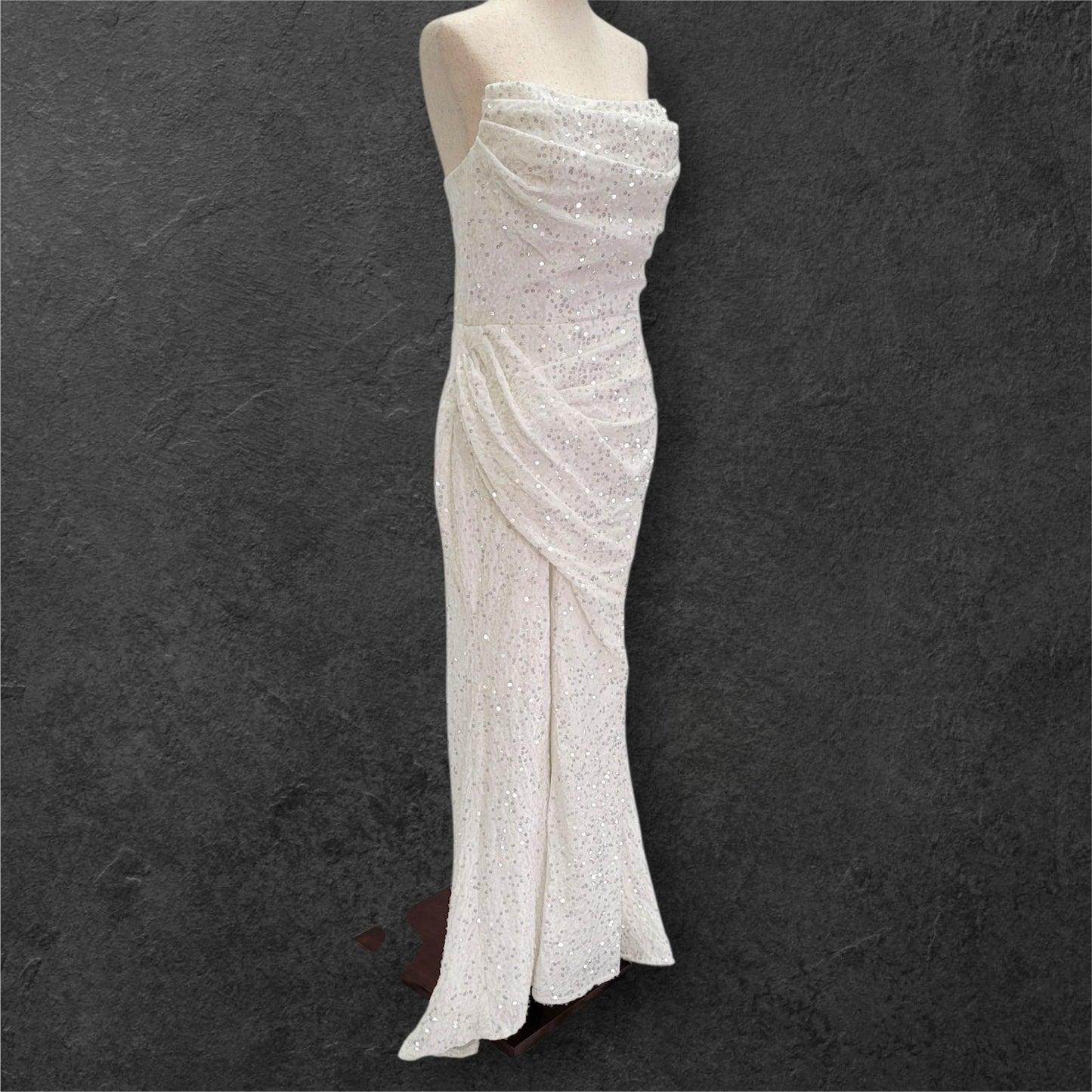 Strapless White Sequin Gown with Corset Back and Leg Slit