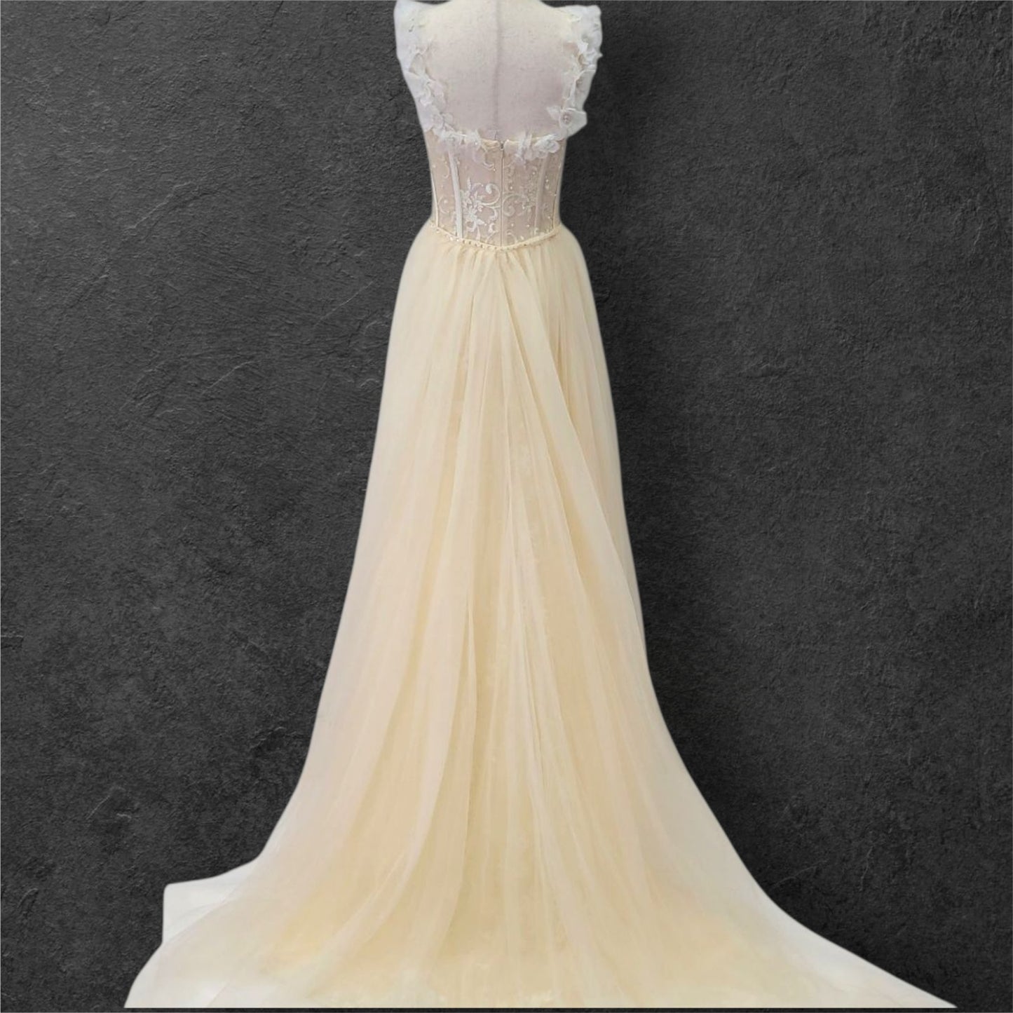 Champagne Floral Patterned Ballgown with White Flowers on Straps