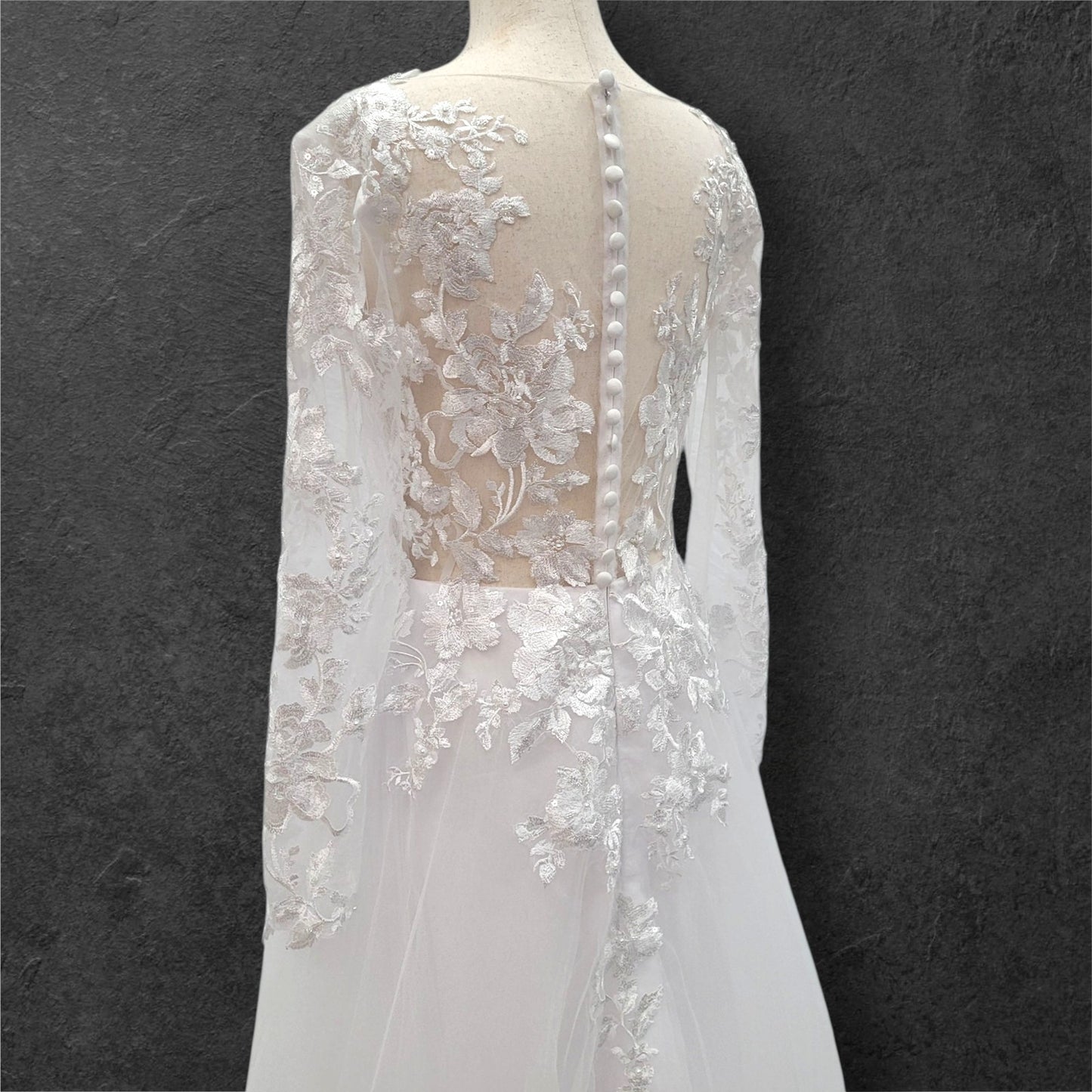 Long Sleeve Tulle Wedding Dress with Sheer Mesh Back with Floral Appliques