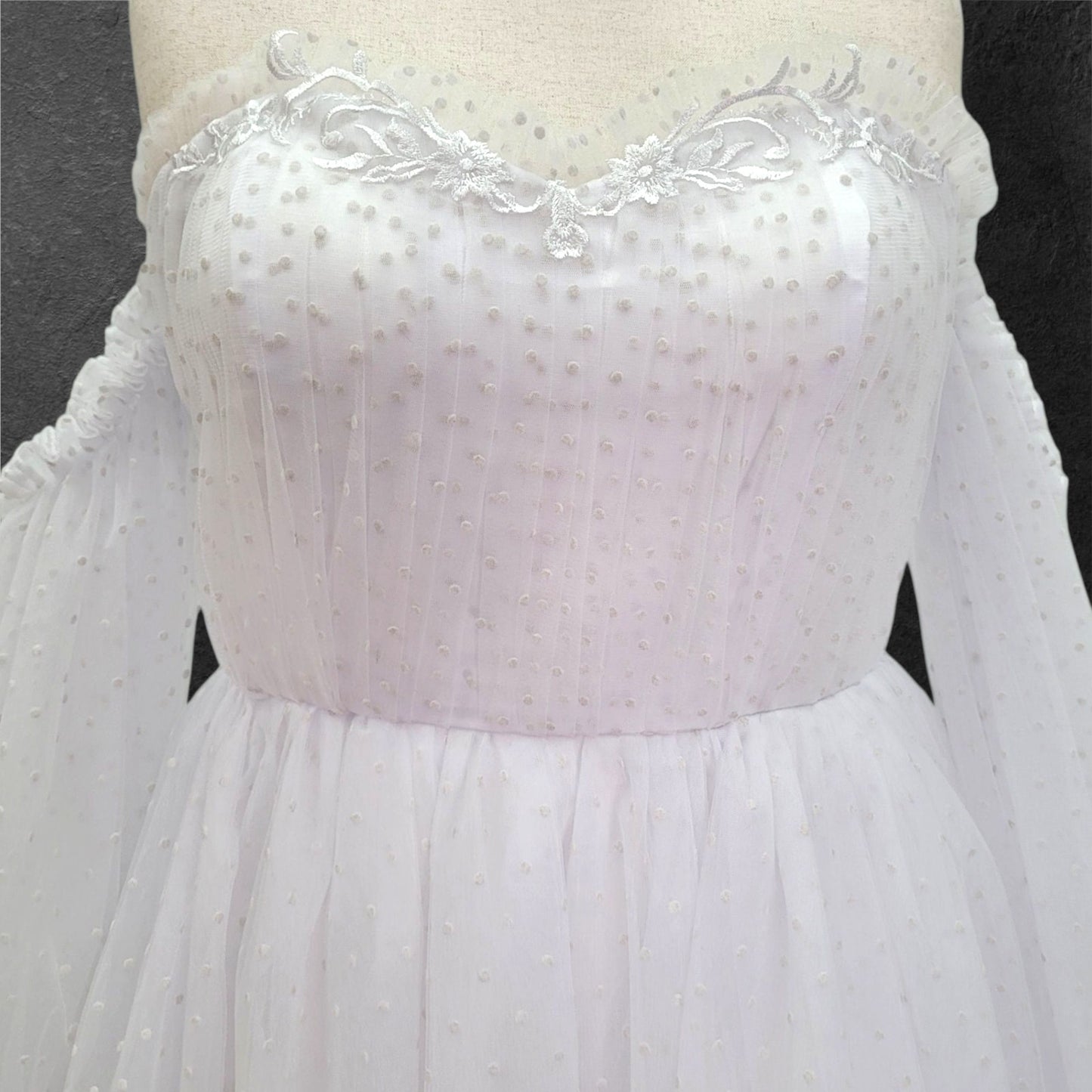 Fun Polka Dot Tulle Wedding Dress with Off Shoulder Sleeves