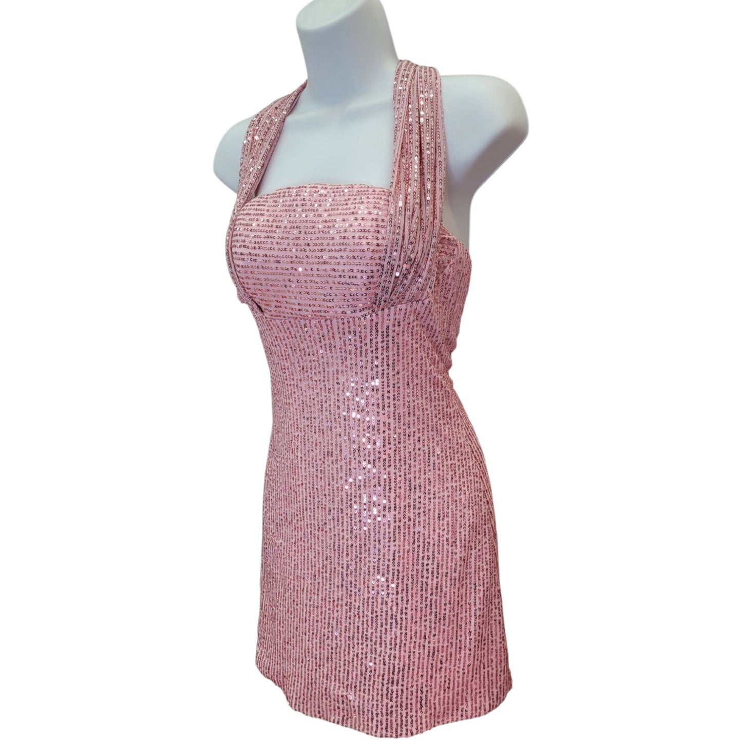 Women's Pink Short Sequin Halter Tie Dress