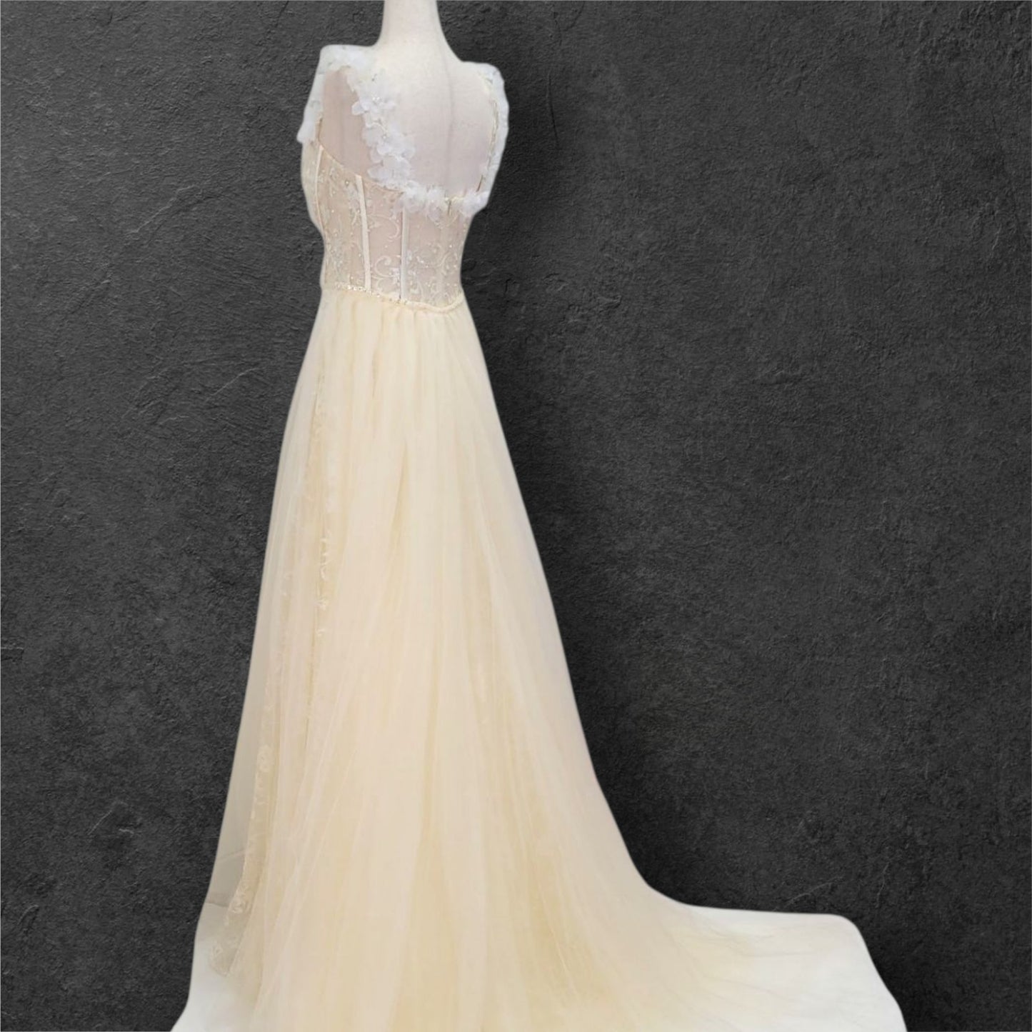 Champagne Floral Patterned Ballgown with White Flowers on Straps