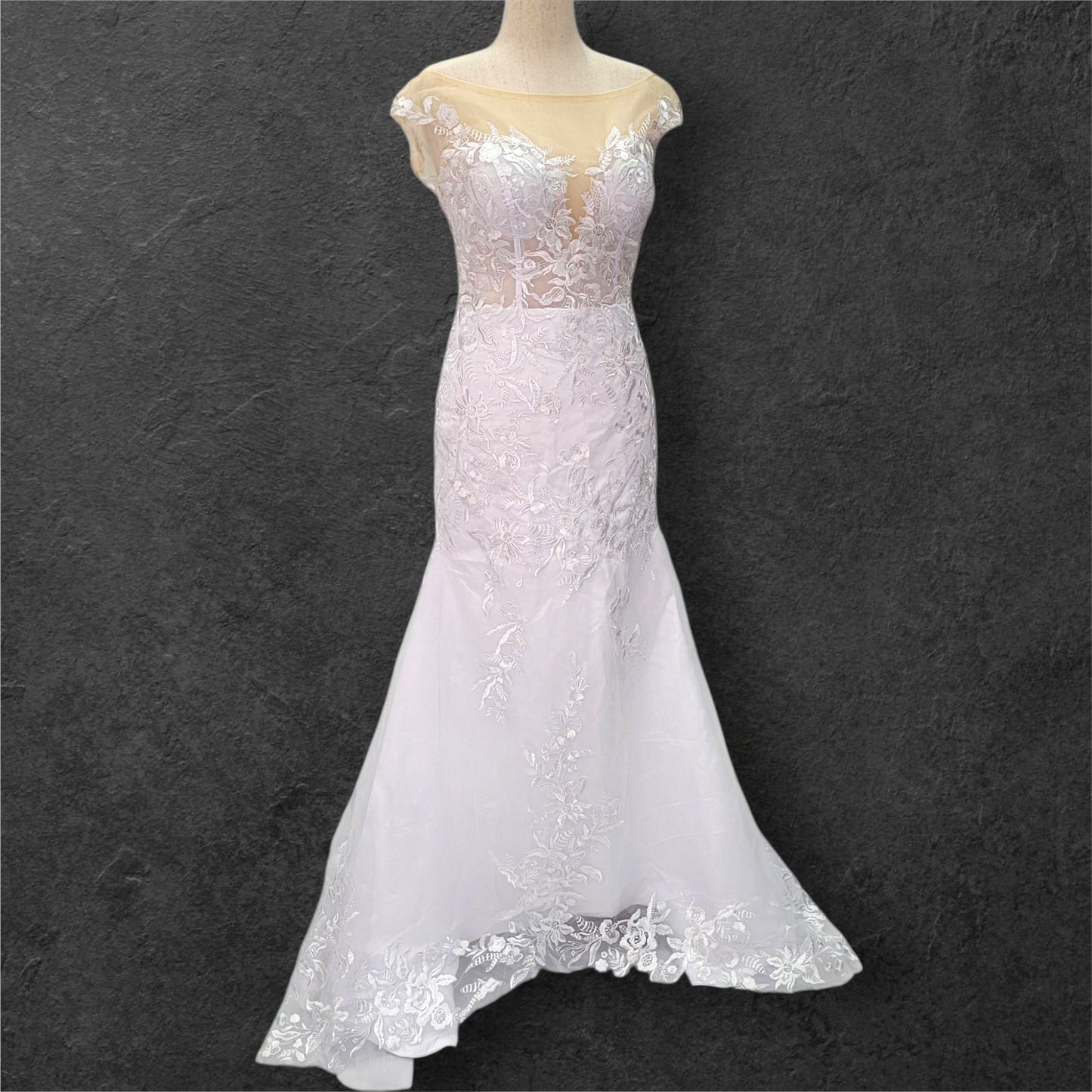 Fit n Flair Wedding Dress with Low Back and Mesh Cap Sleeves and Deep V Neck