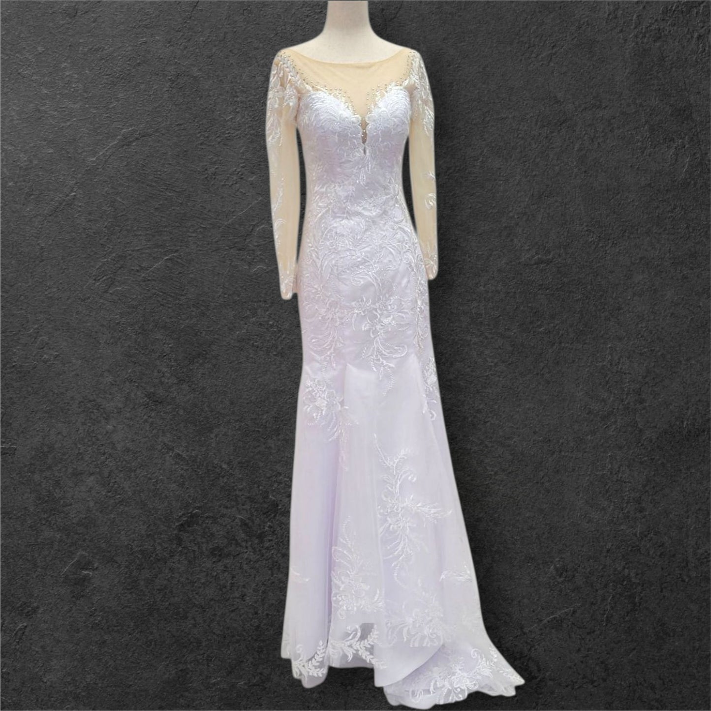 Fitted V Neck Wedding Dress with Long Mesh Sleeves with Lace