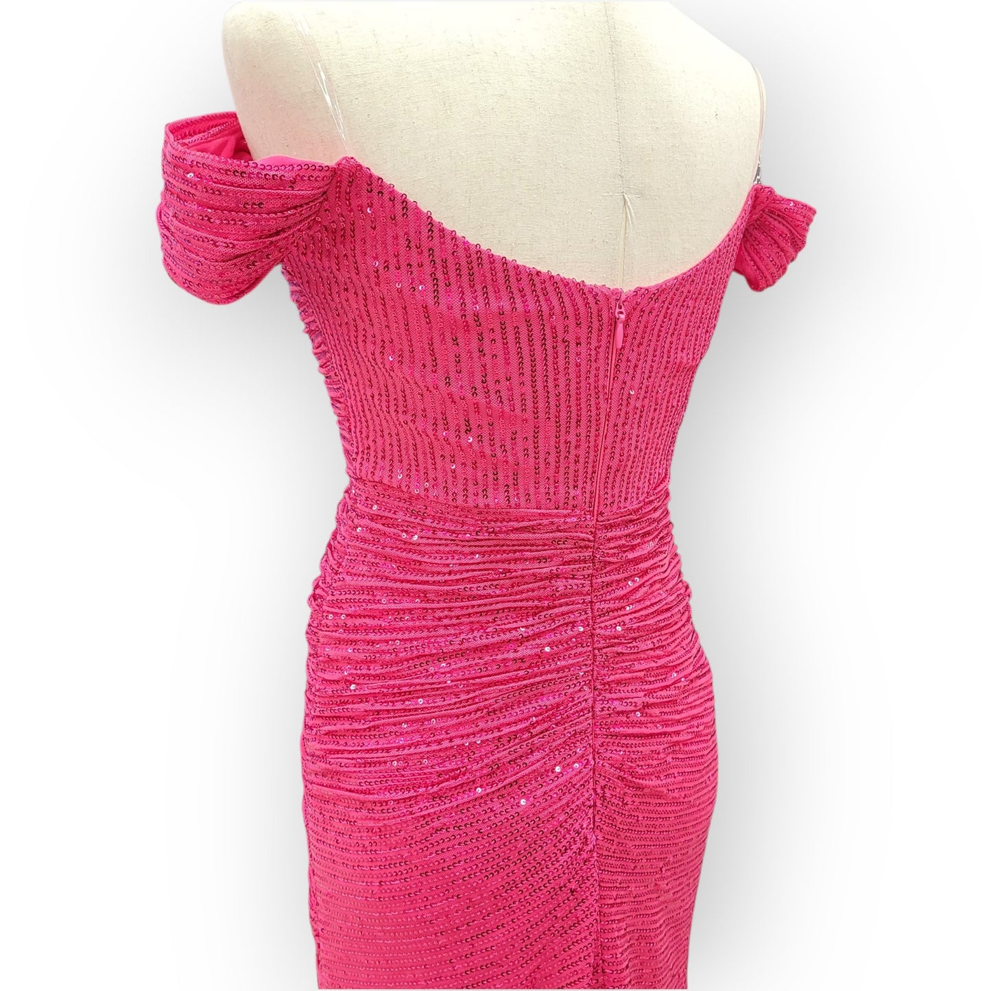 Hot Pink Sequin Evening Gown with Off-Shoulder Sleeves and Train