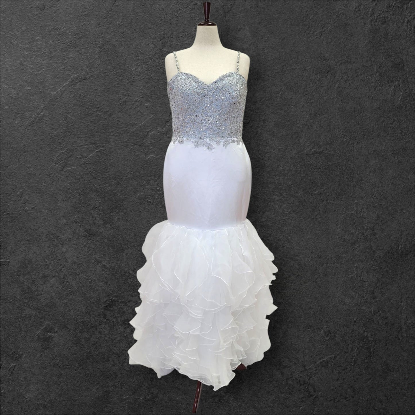 Ruffle Skirt Trumpet Wedding Dress with Silver Embroidered Corset Bodice