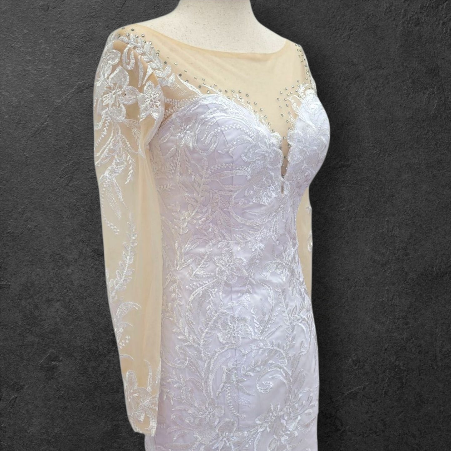 Fitted V Neck Wedding Dress with Long Mesh Sleeves with Lace
