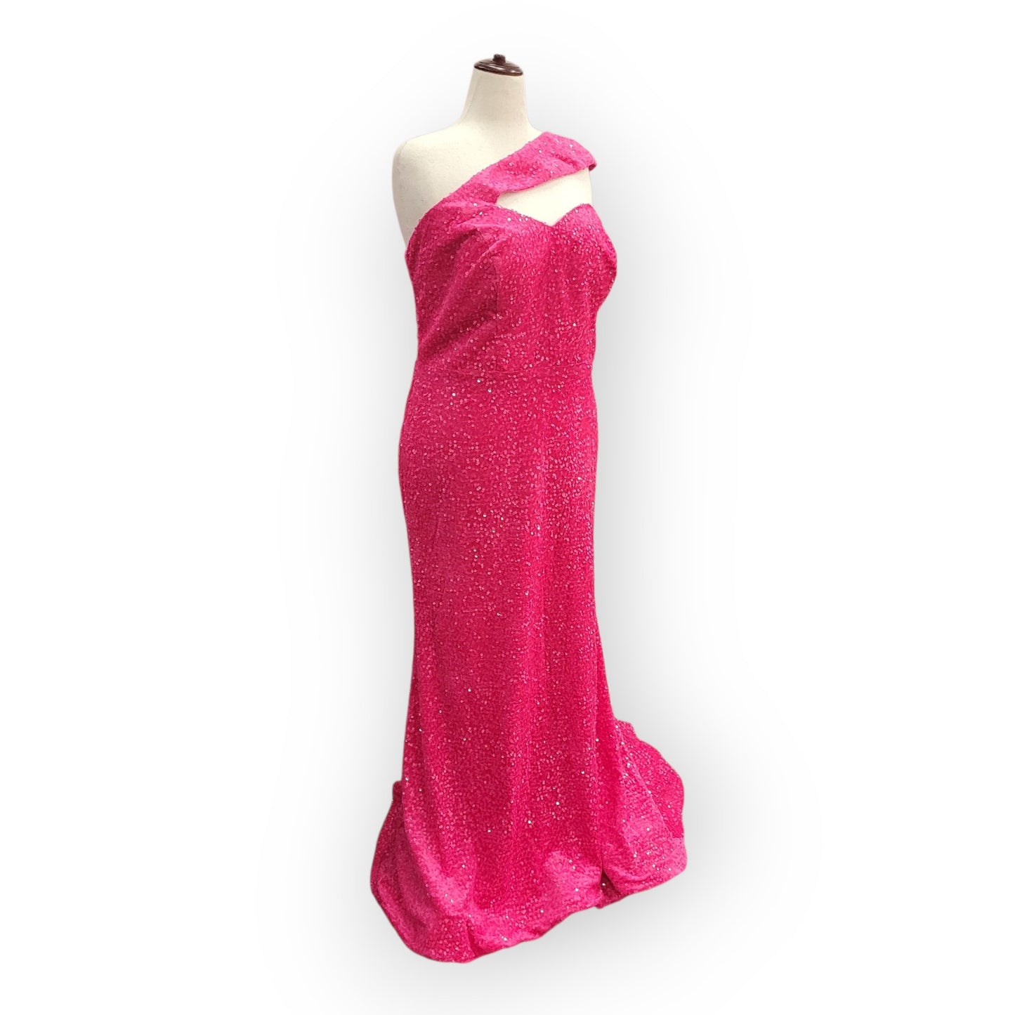 Fitted Hot Pink Sequin Gown with Asymmetric Shoulder Strap