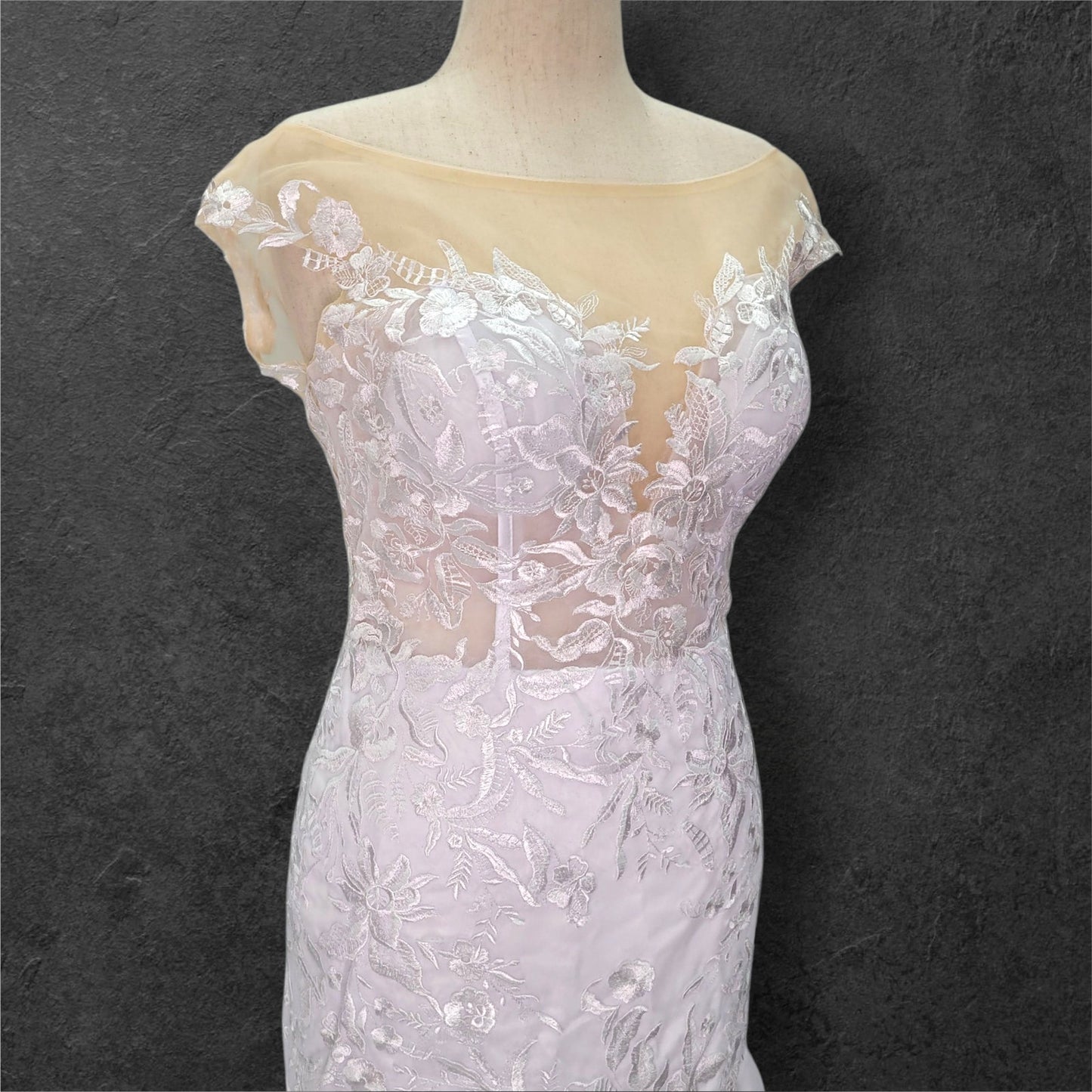 Fit n Flair Wedding Dress with Low Back and Mesh Cap Sleeves and Deep V Neck