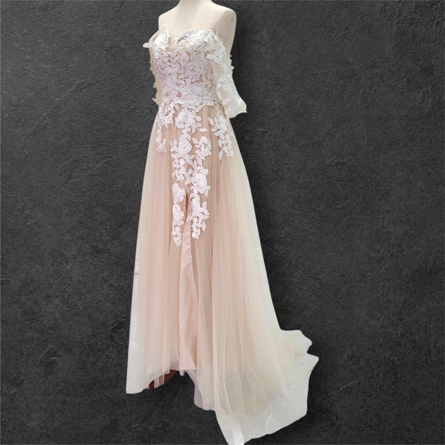 Beige Champagne Wedding Dress with White Floral Appliques