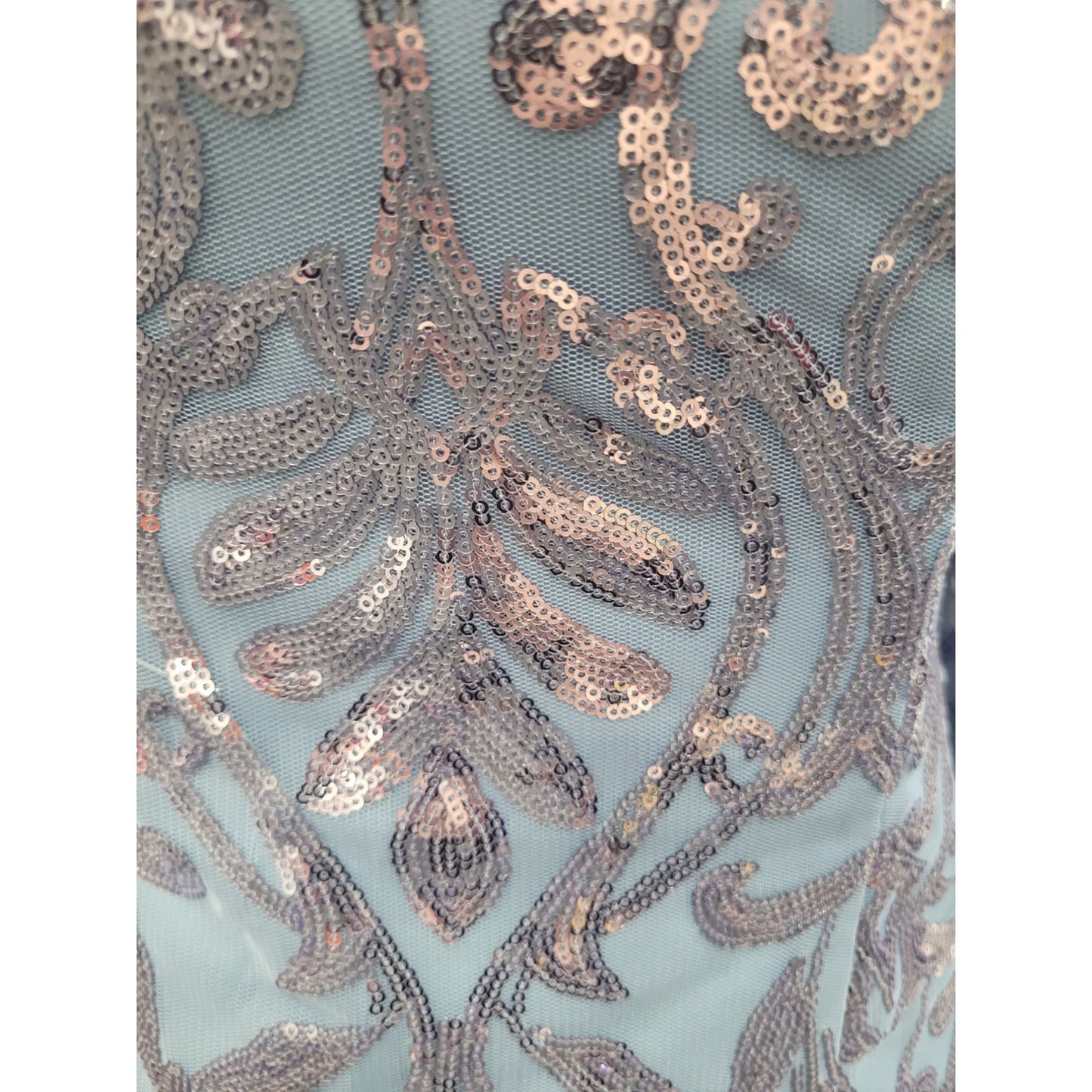 Long Sleeved Patterned Sequin Gown in Blue
