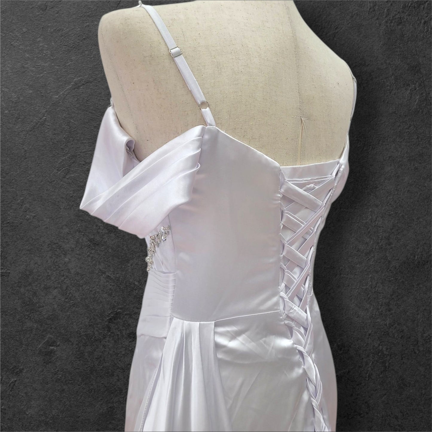 Silky Satin Wedding Dress with Full Corset Back and Off Shoulder Sleeves
