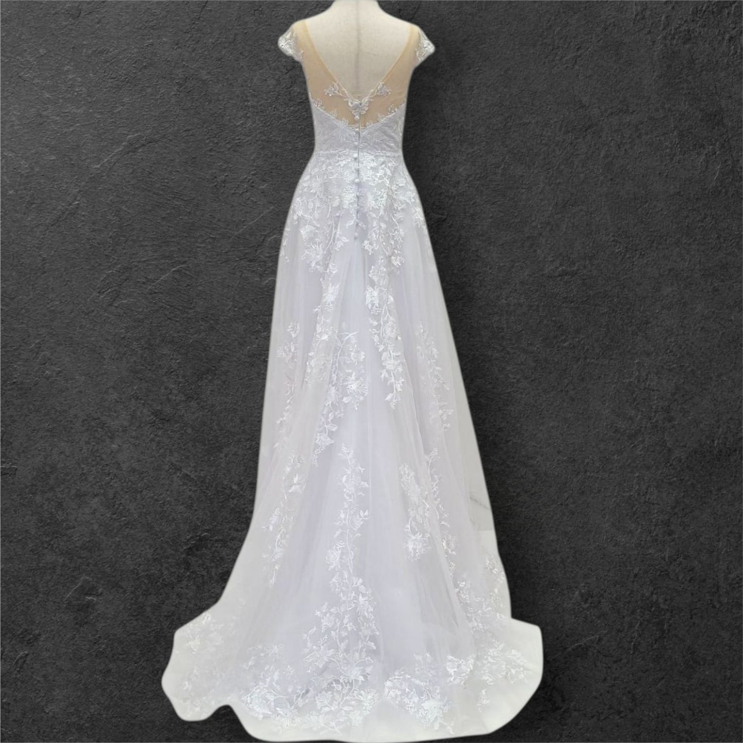 Deep V Neck Wedding Dress with Mesh Lace Cap Sleeves