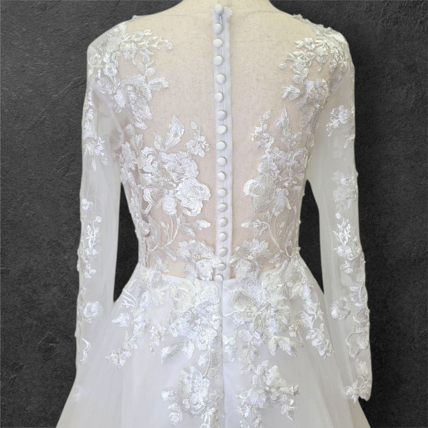 A Line Wedding Gown with Fitted Mesh Long Sleeves and Train with Floral Appliques