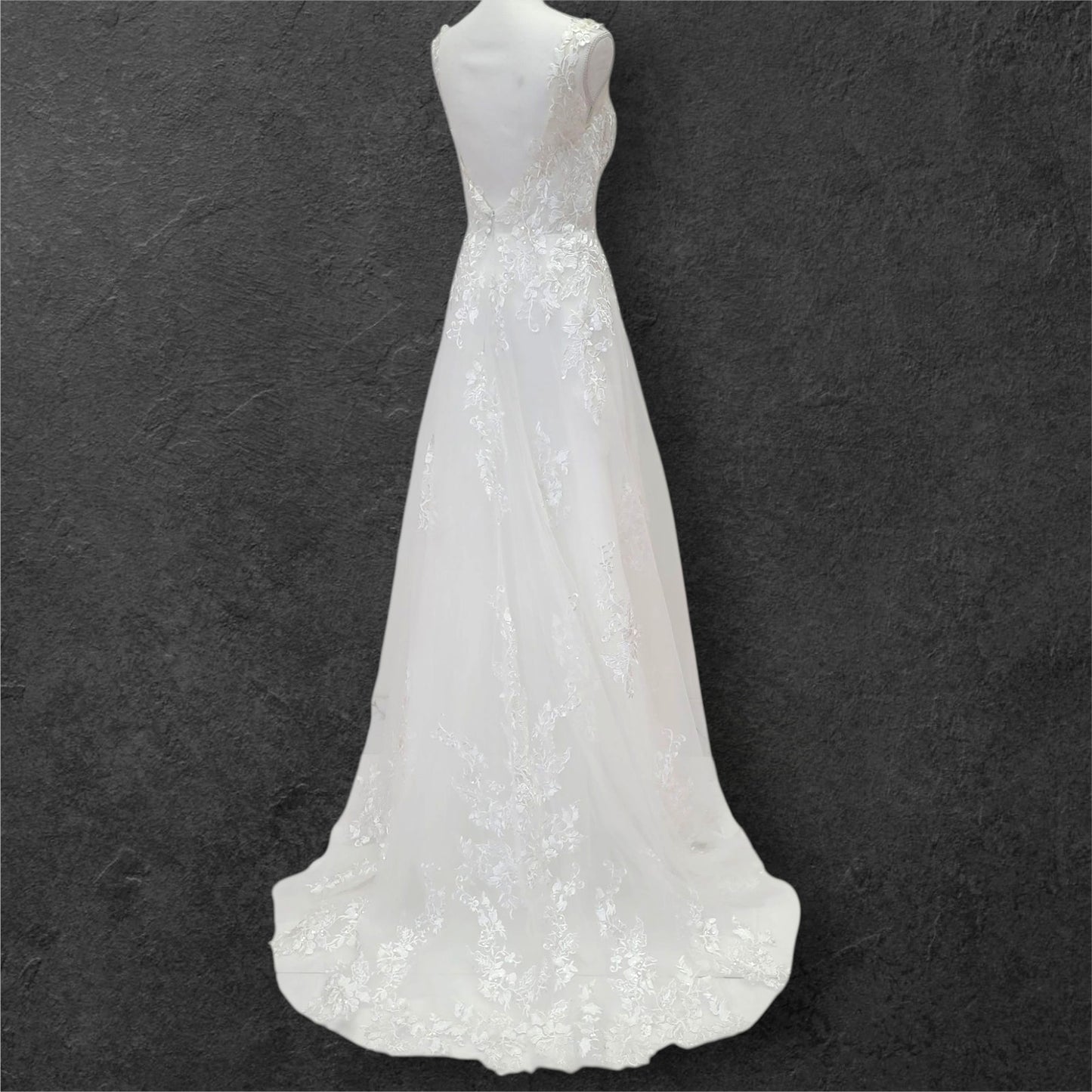 Detailed Low Back Wedding Dress with Train and Plunge V Neck