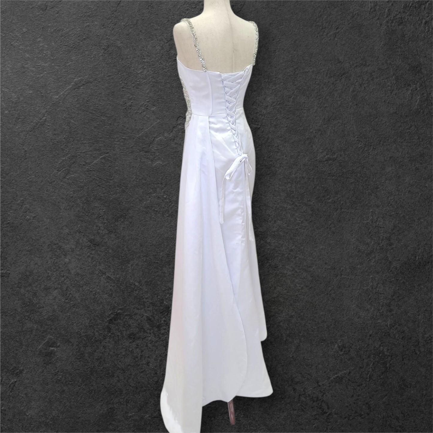 Fitted Satin White Gown with Large Jeweled Straps and Bodice Design