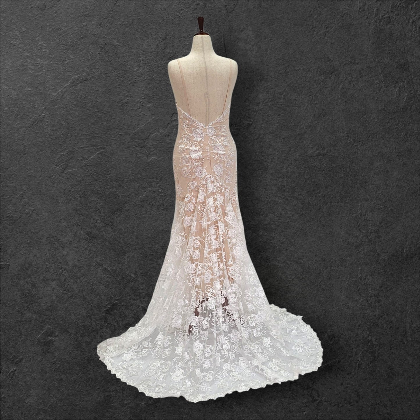 Beige Destination Wedding Dress with White Rose Overlay and Train
