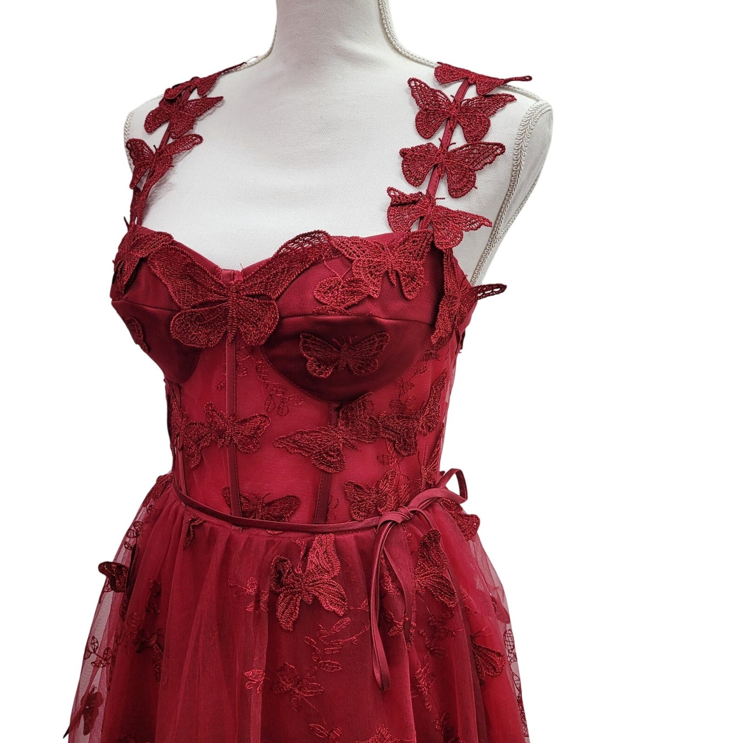 Women's Crimson Red Butterfly Dress with Corset Back