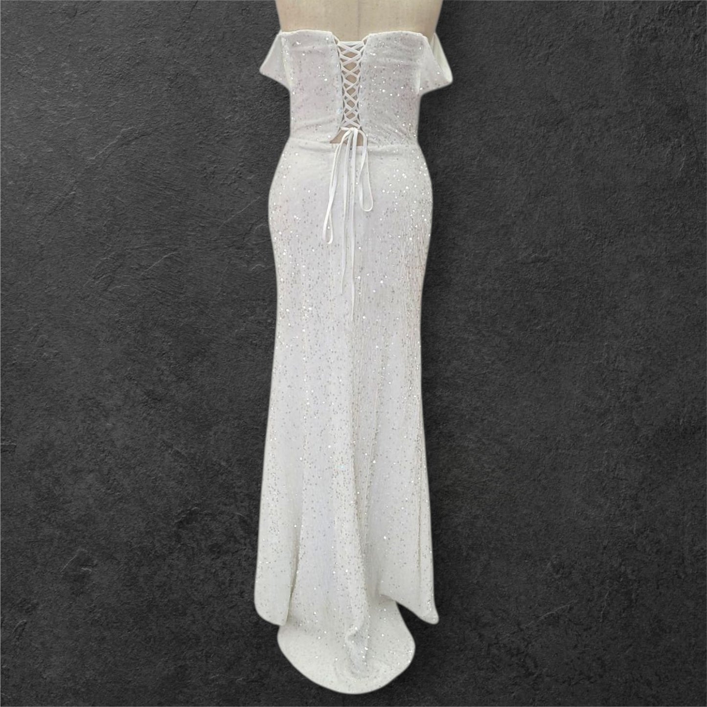 Hip Hugging Sequin Wedding Dress with Off Shoulder Sleeves and Corset Back