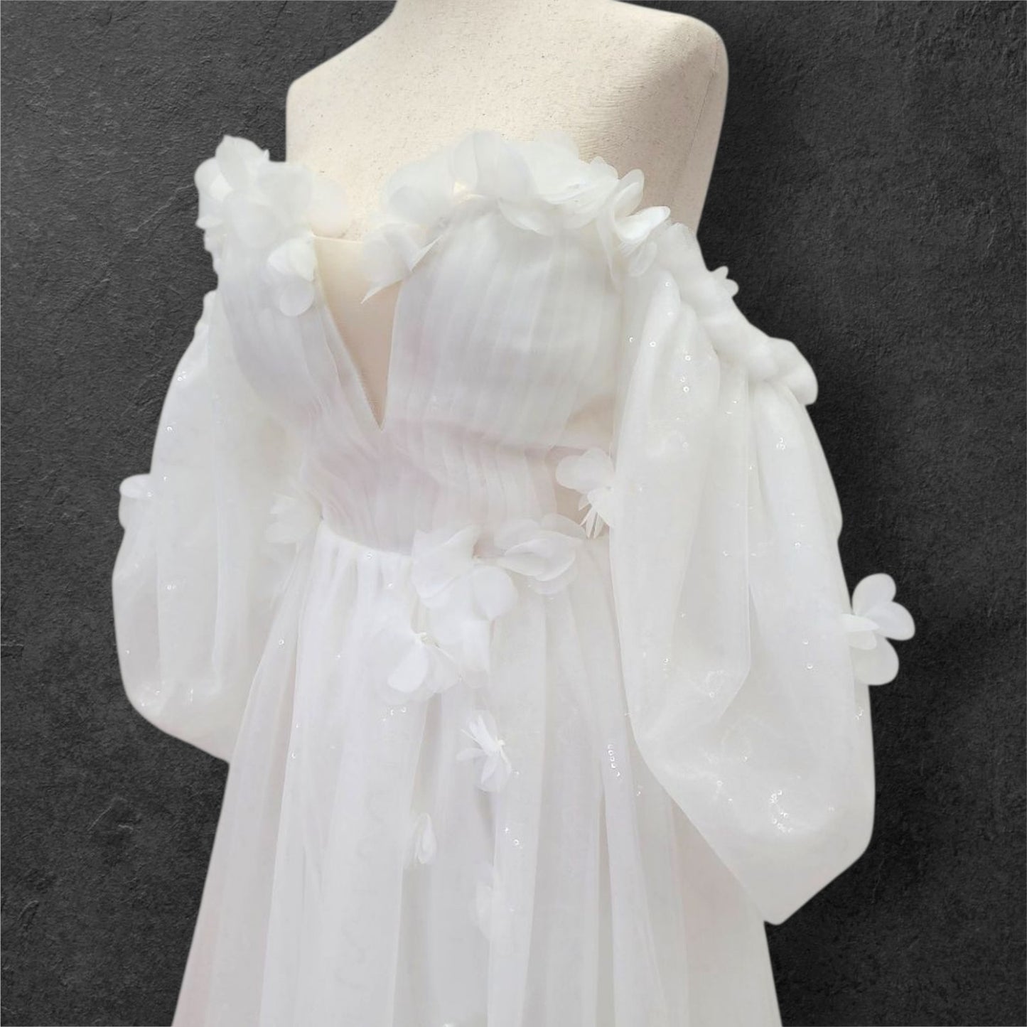 Tulle Ballgown with Puff Sleeves and Decorative Flowers