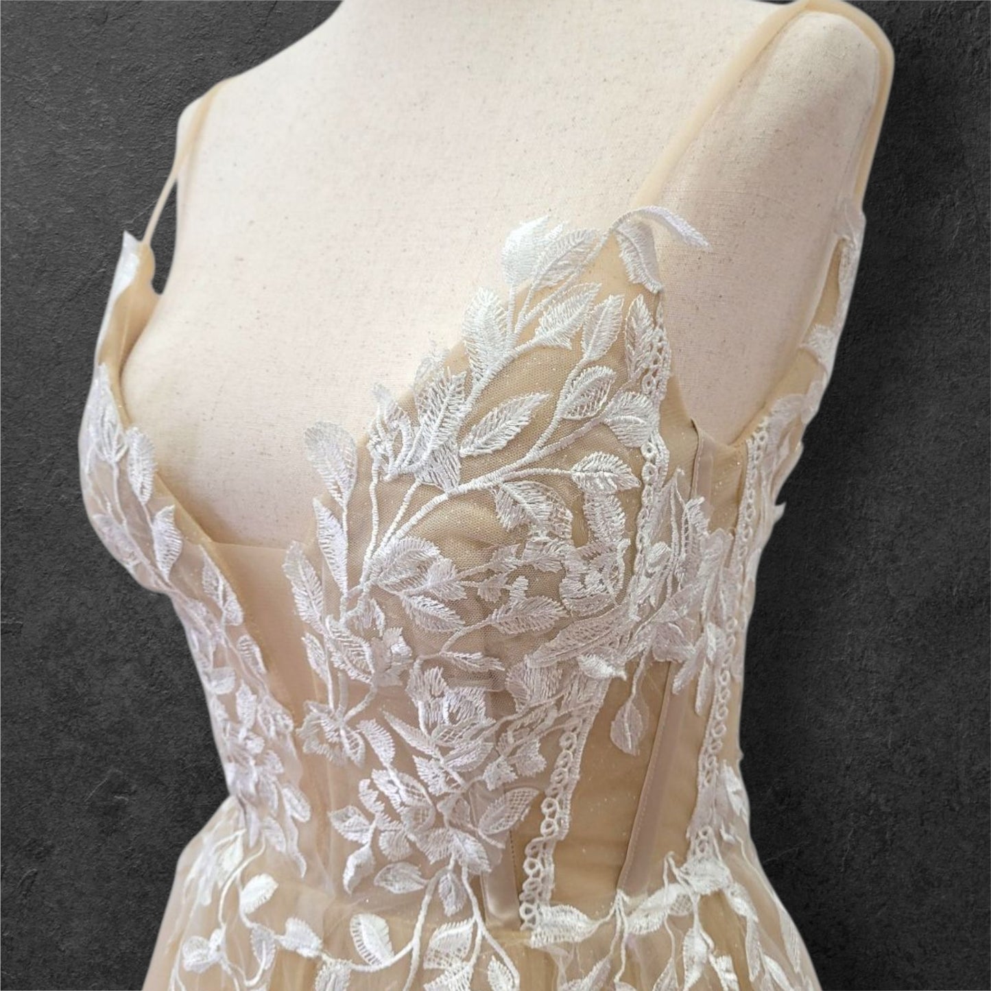 Beige Ballgown Wedding Dress with White Floral Appliques