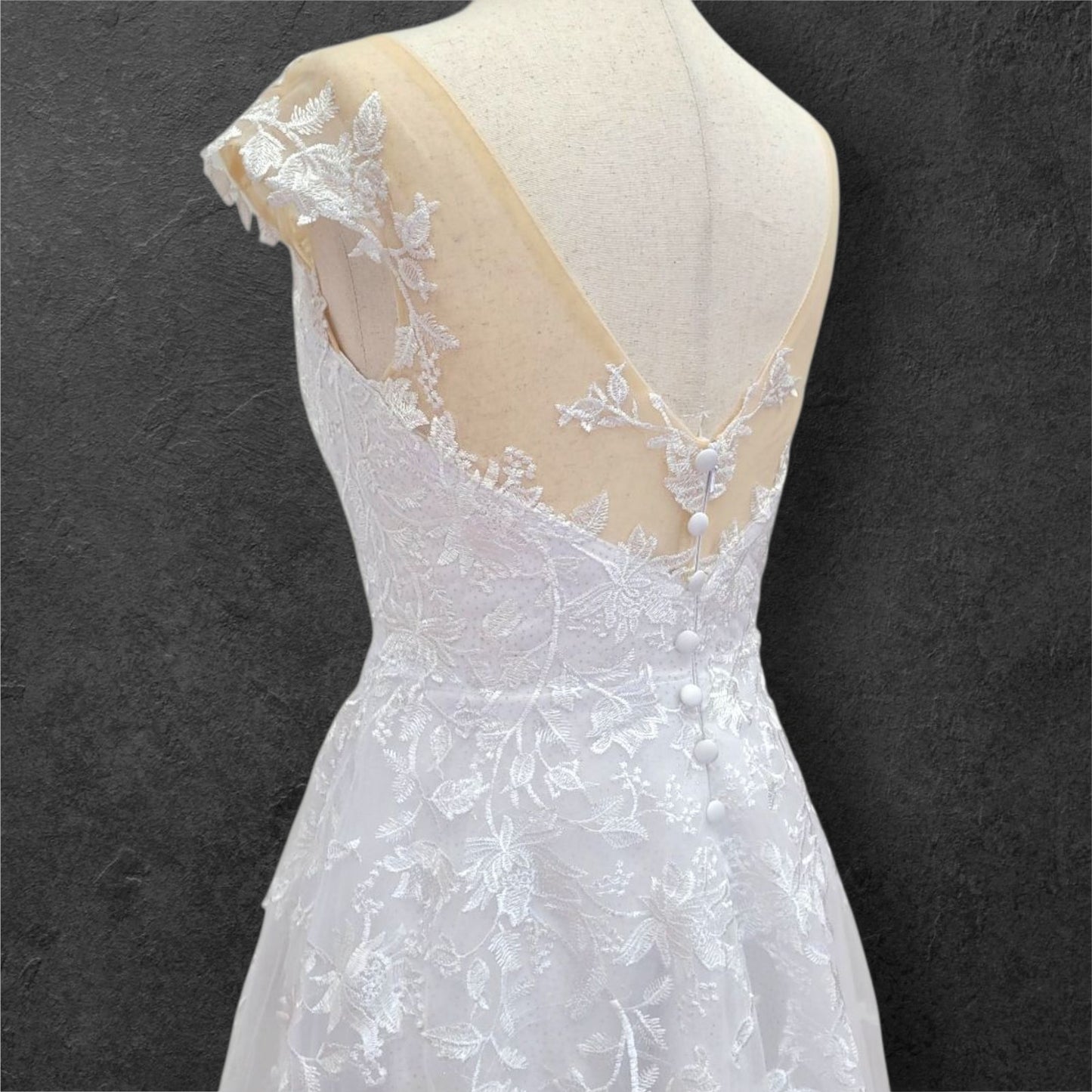 Deep V Neck Wedding Dress with Mesh Lace Cap Sleeves