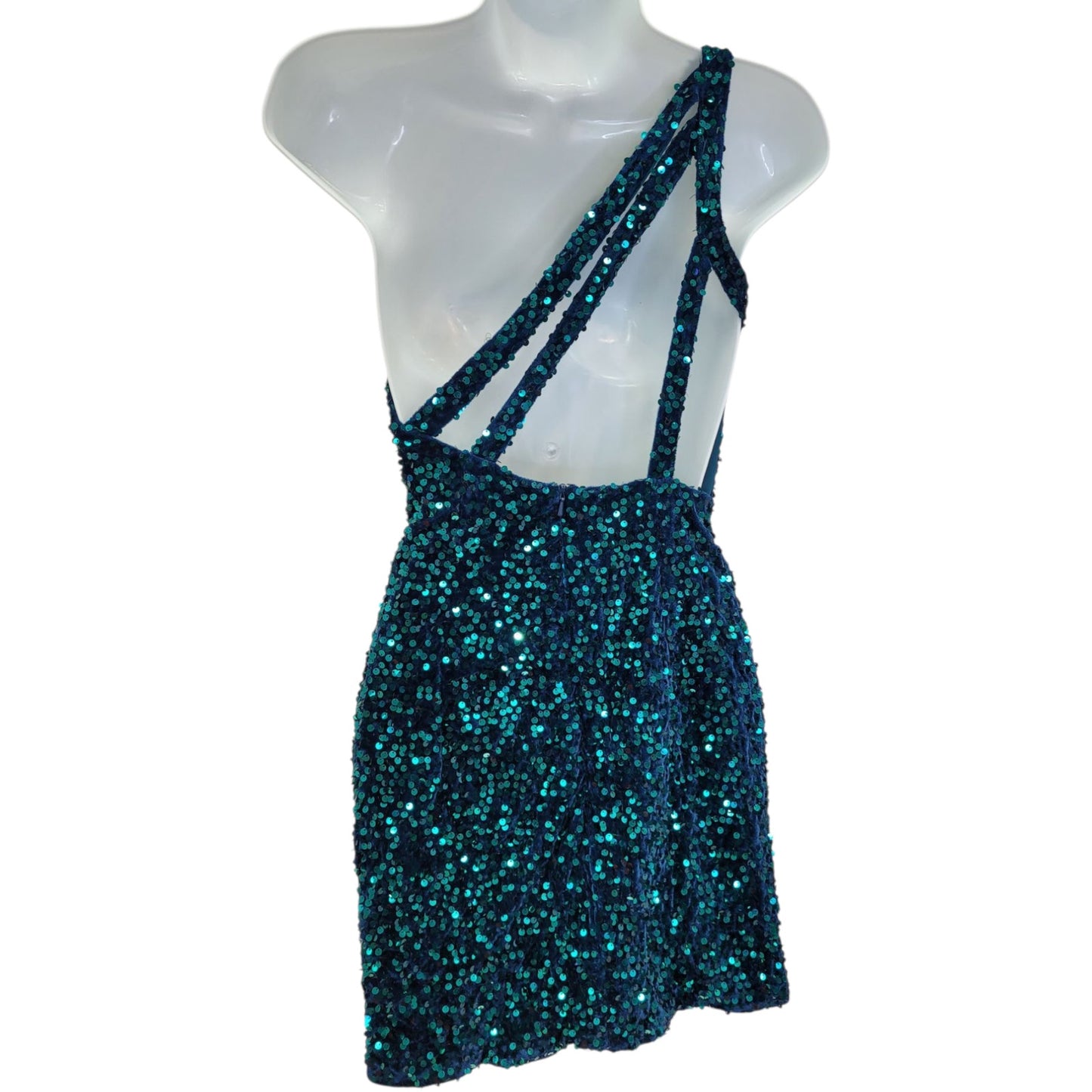 Women's Short One Shoulder Strappy Sequin Dress in Teal Blue