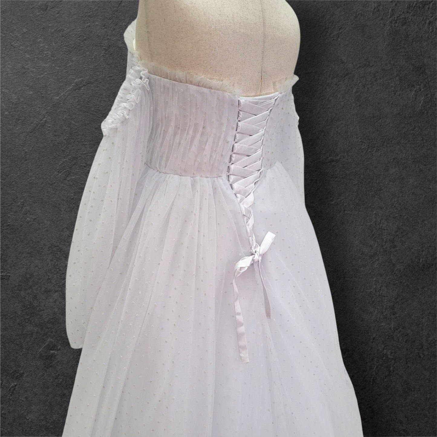 Fun Polka Dot Tulle Wedding Dress with Off Shoulder Sleeves