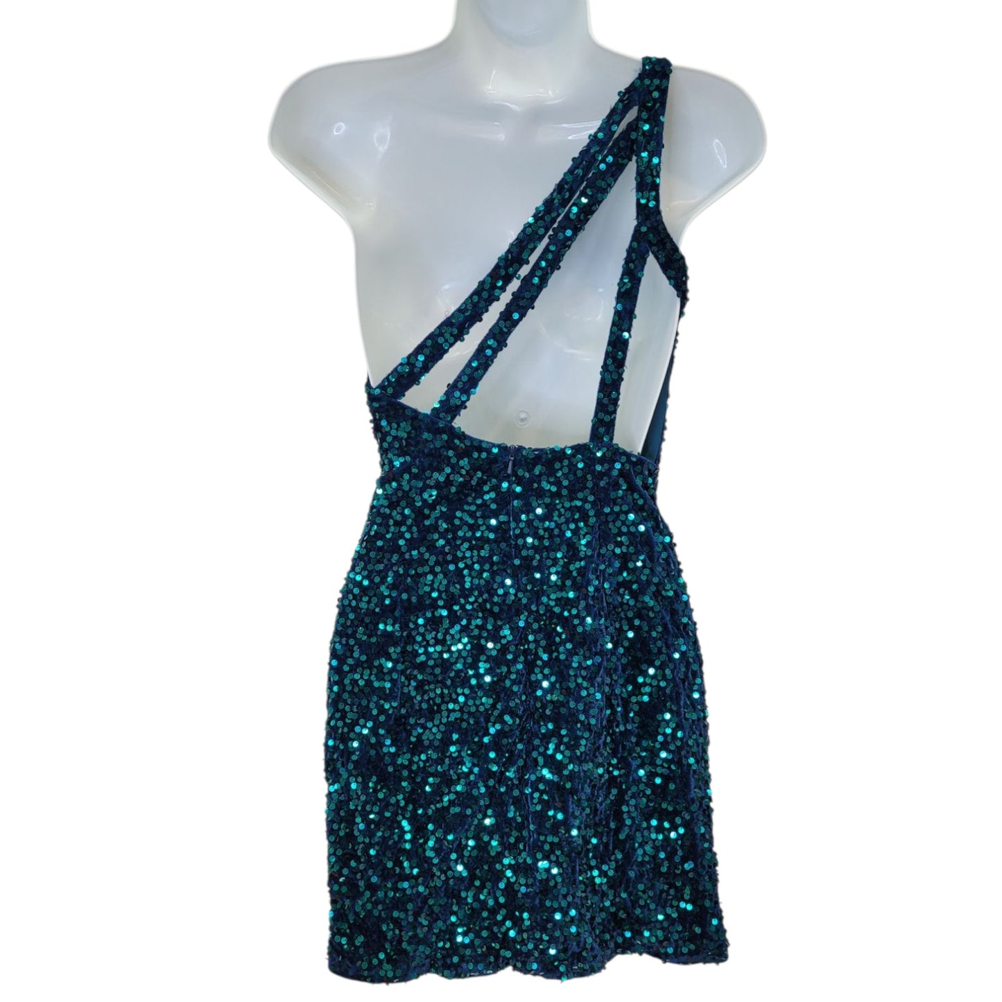 Women's Short One Shoulder Strappy Sequin Dress in Teal Blue