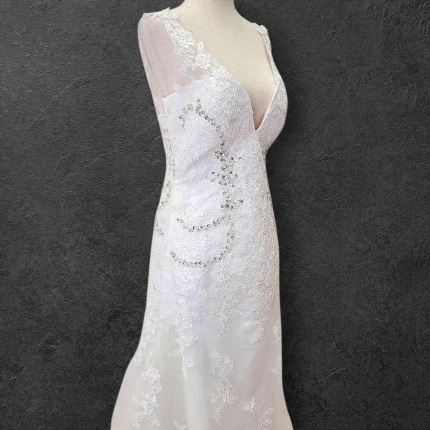 Detailed V Neck Wedding Dress with Silver Sequin Design