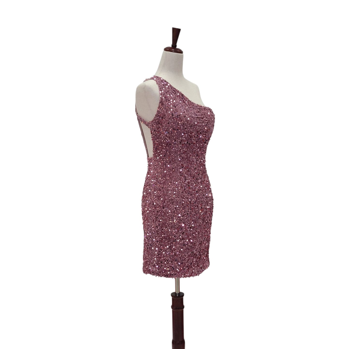 Women's Short One Shoulder Strappy Sequin Dress in Pink Mauve