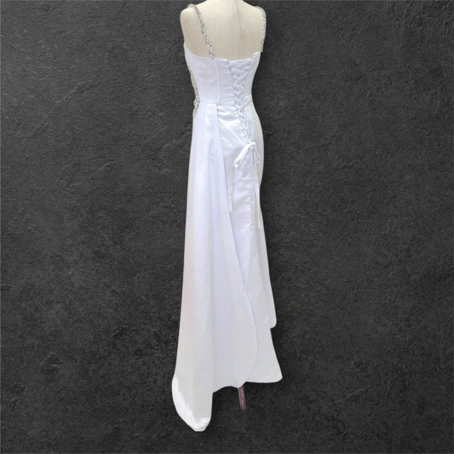Fitted Satin White Gown with Large Jeweled Straps and Bodice Design