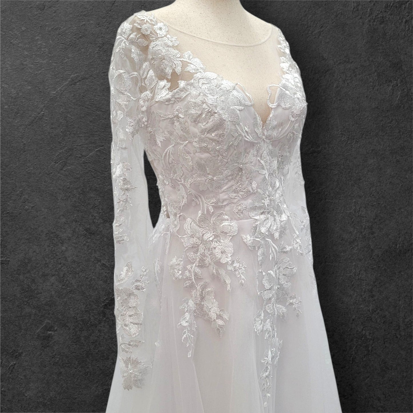 Long Sleeve Tulle Wedding Dress with Sheer Mesh Back with Floral Appliques