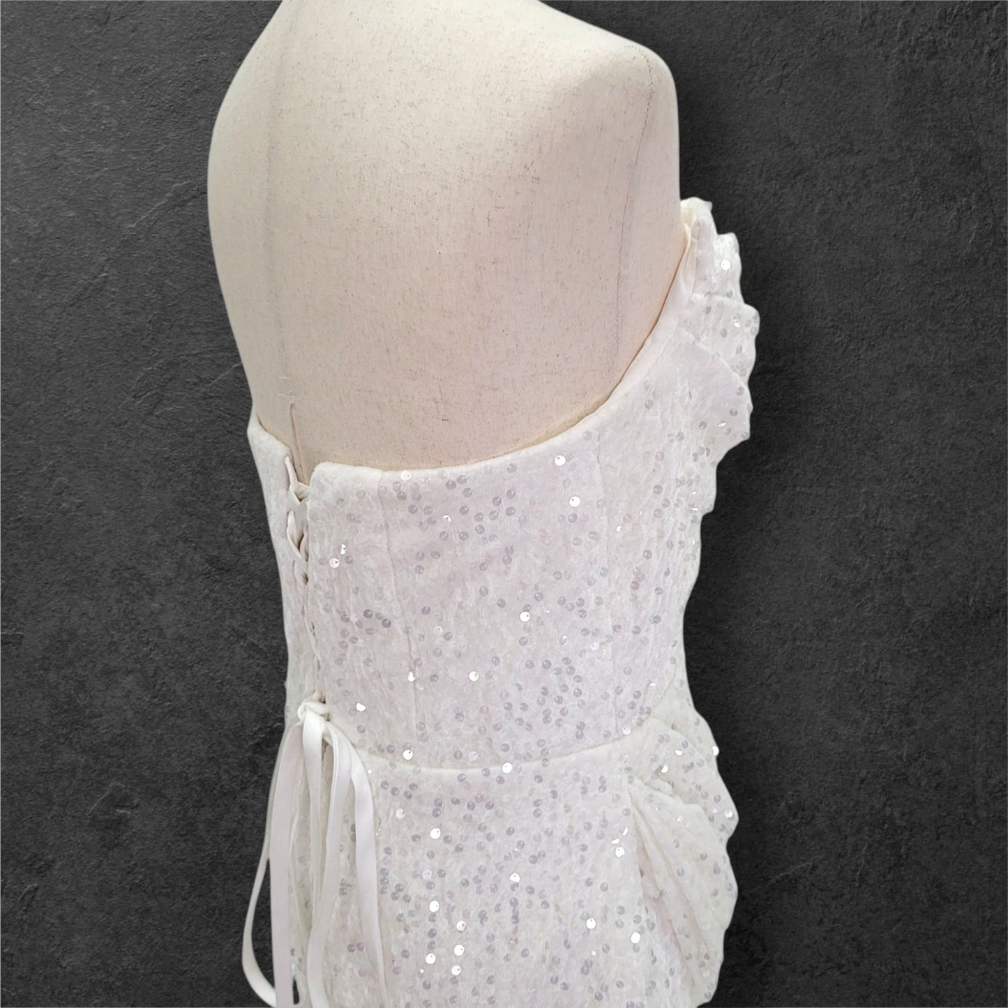 Strapless White Sequin Gown with Corset Back and Leg Slit
