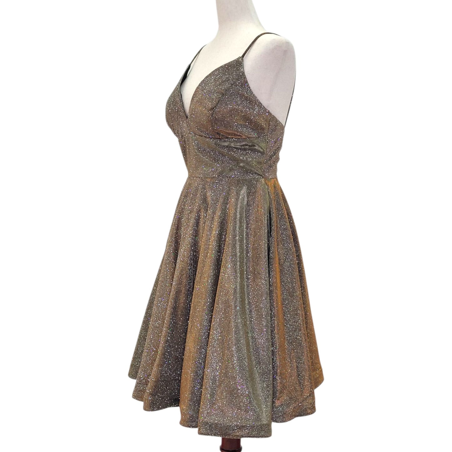 Gold Sparkle Cocktail Dress with V Neck and Low Back