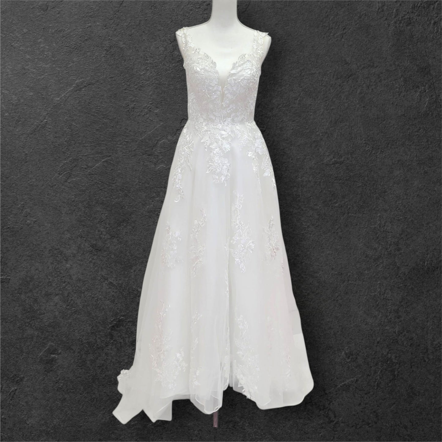 Detailed Low Back Wedding Dress with Train and Plunge V Neck