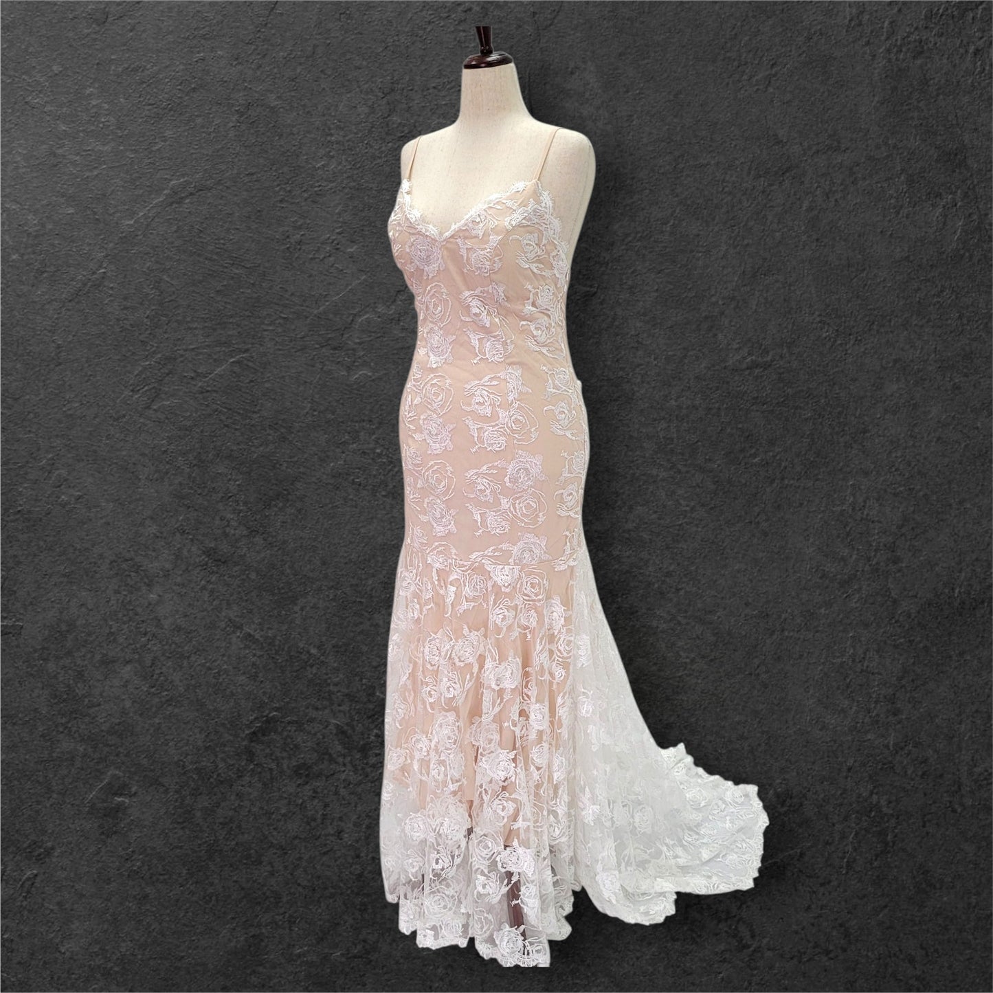 Beige Destination Wedding Dress with White Rose Overlay and Train