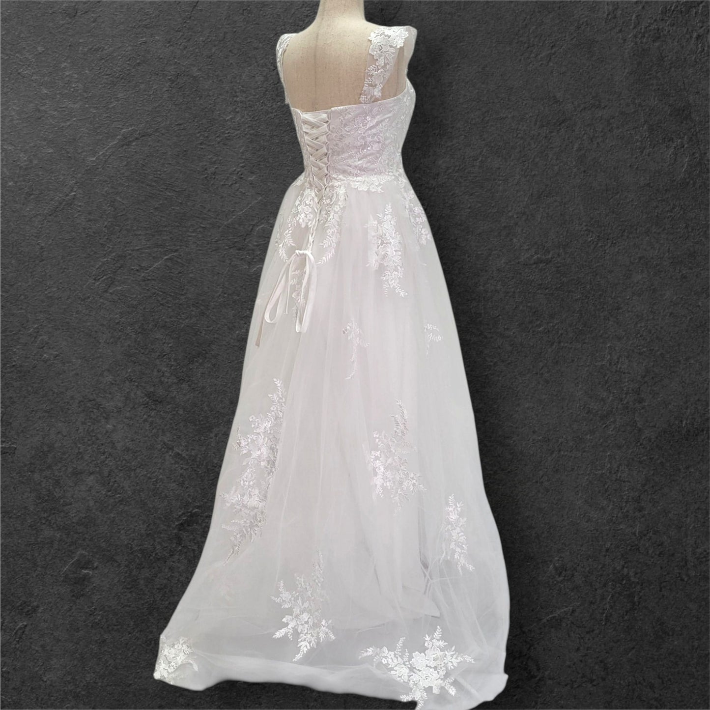 A Line Tulle Wedding Dress with Floral Appliques and Corset Back
