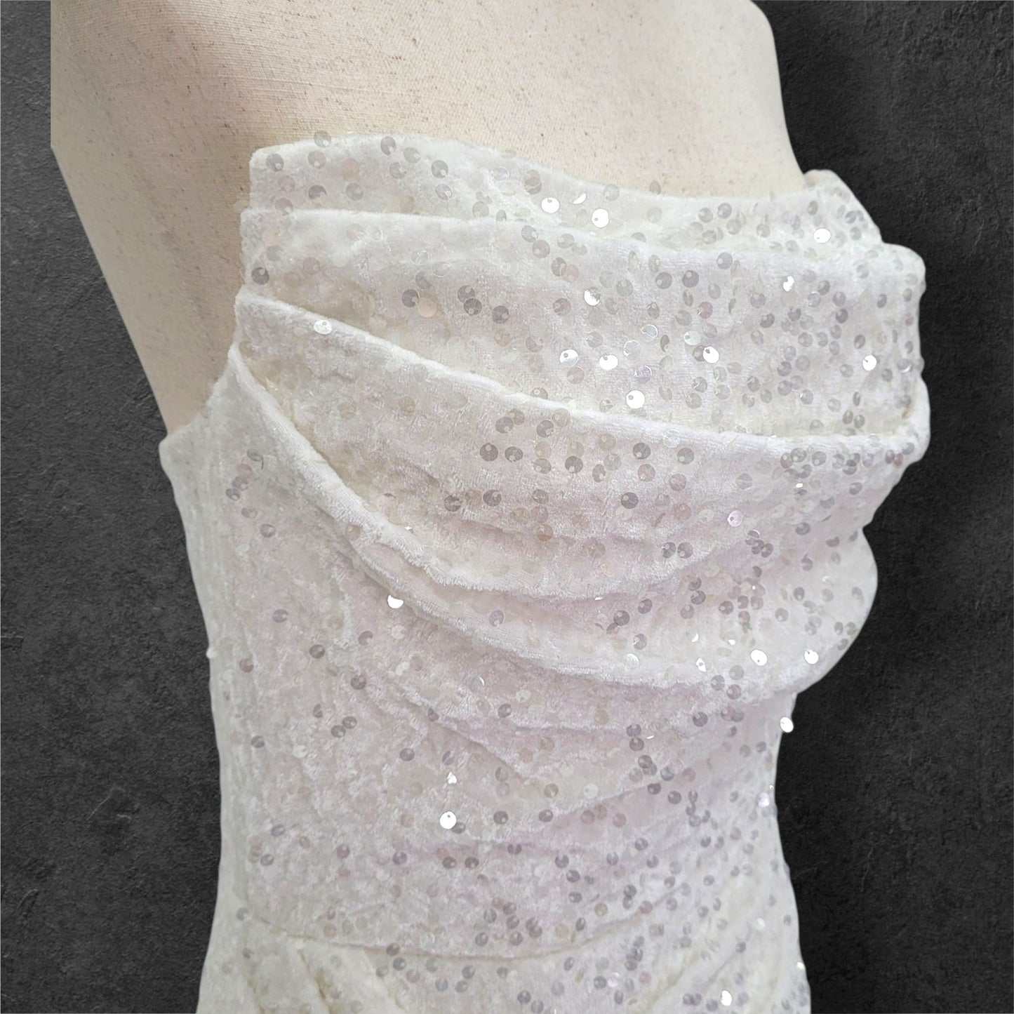Strapless White Sequin Gown with Corset Back and Leg Slit