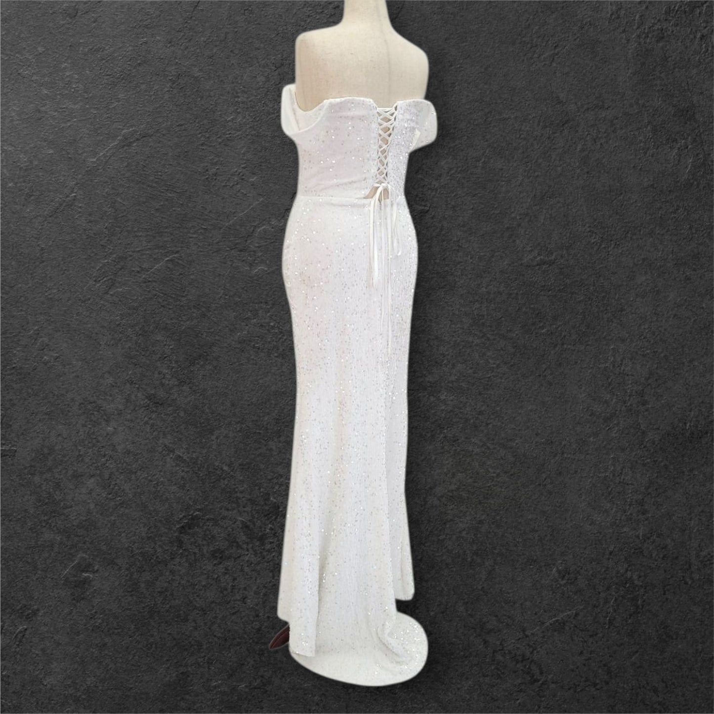 Hip Hugging Sequin Wedding Dress with Off Shoulder Sleeves and Corset Back