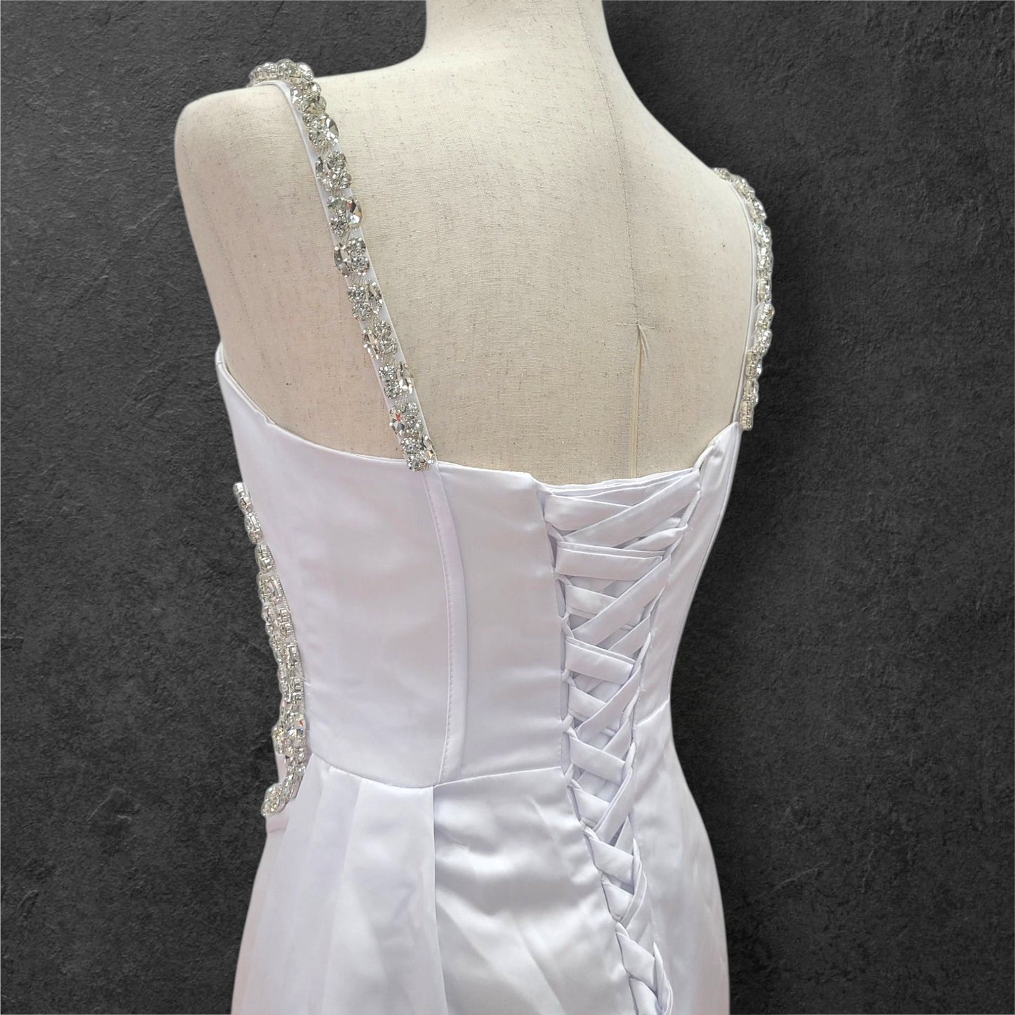 Fitted Satin White Gown with Large Jeweled Straps and Bodice Design