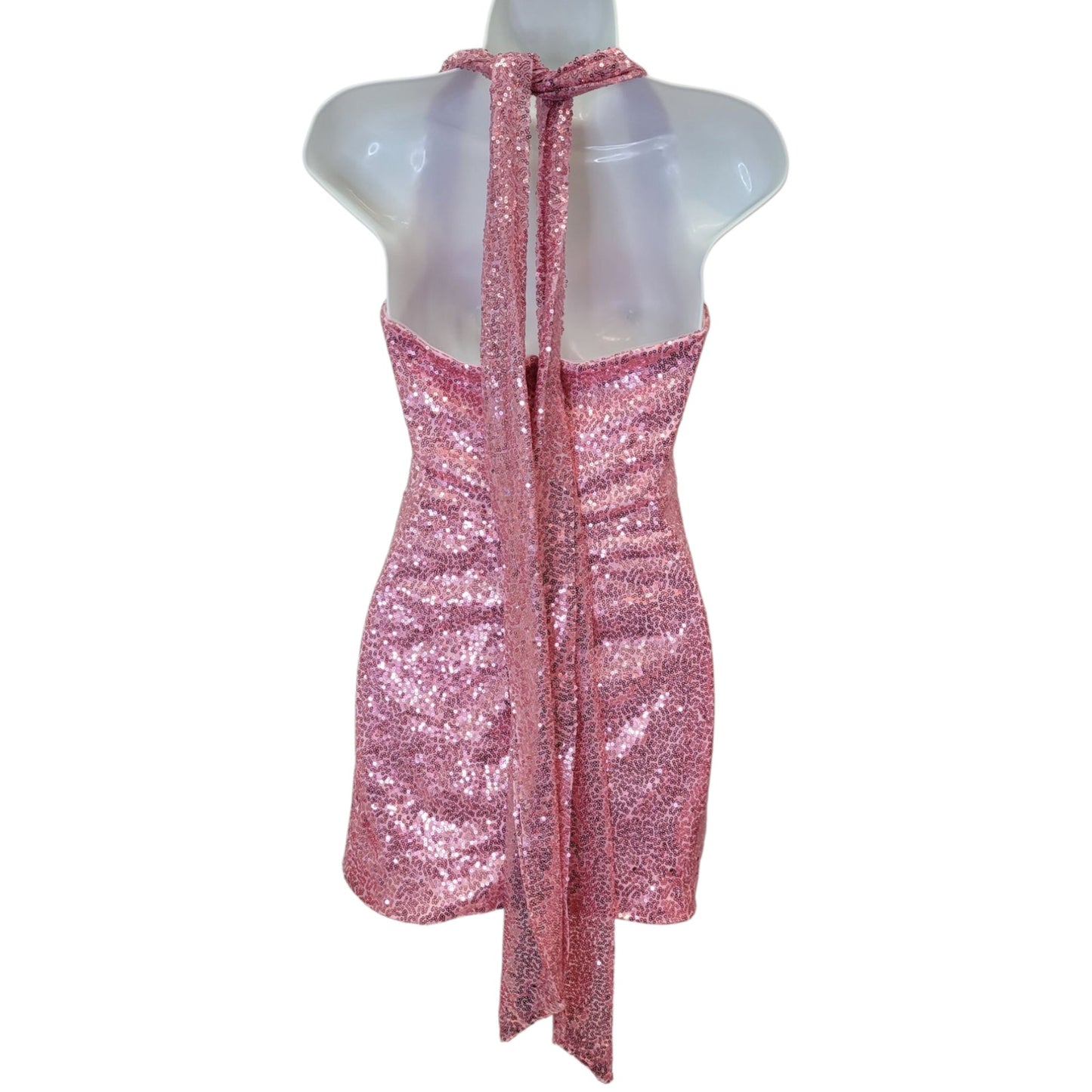 Women's Pink Short Sequin Halter Tie Dress