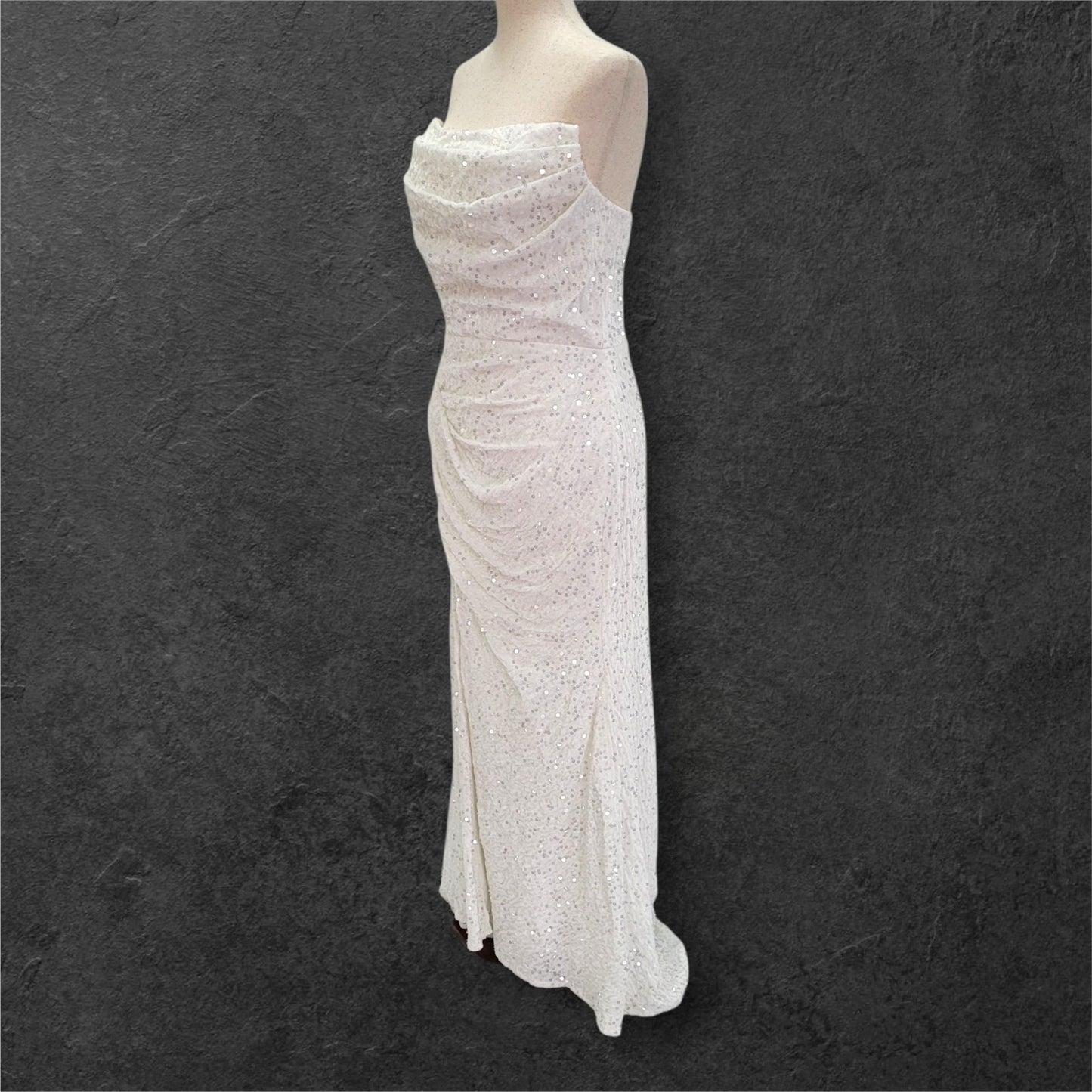 Strapless White Sequin Gown with Corset Back and Leg Slit