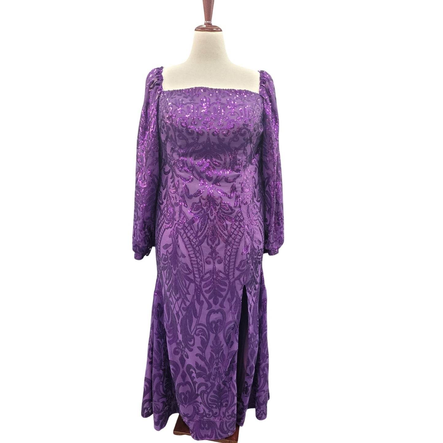 Long Sleeved Patterned Sequin Gown in Purple