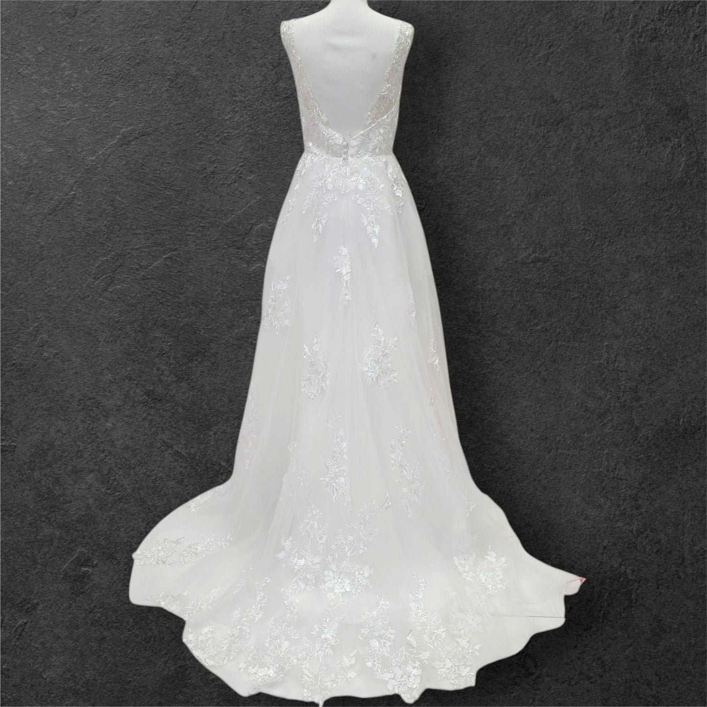 Detailed Low Back Wedding Dress with Train and Plunge V Neck