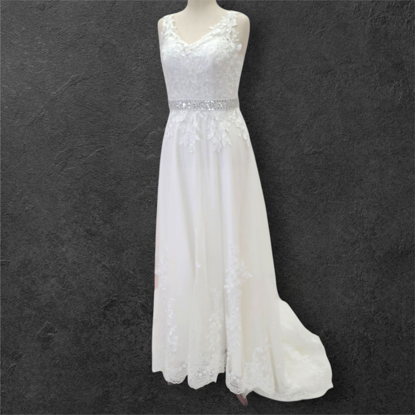A Line Wedding Dress Silver Belt and Long Train