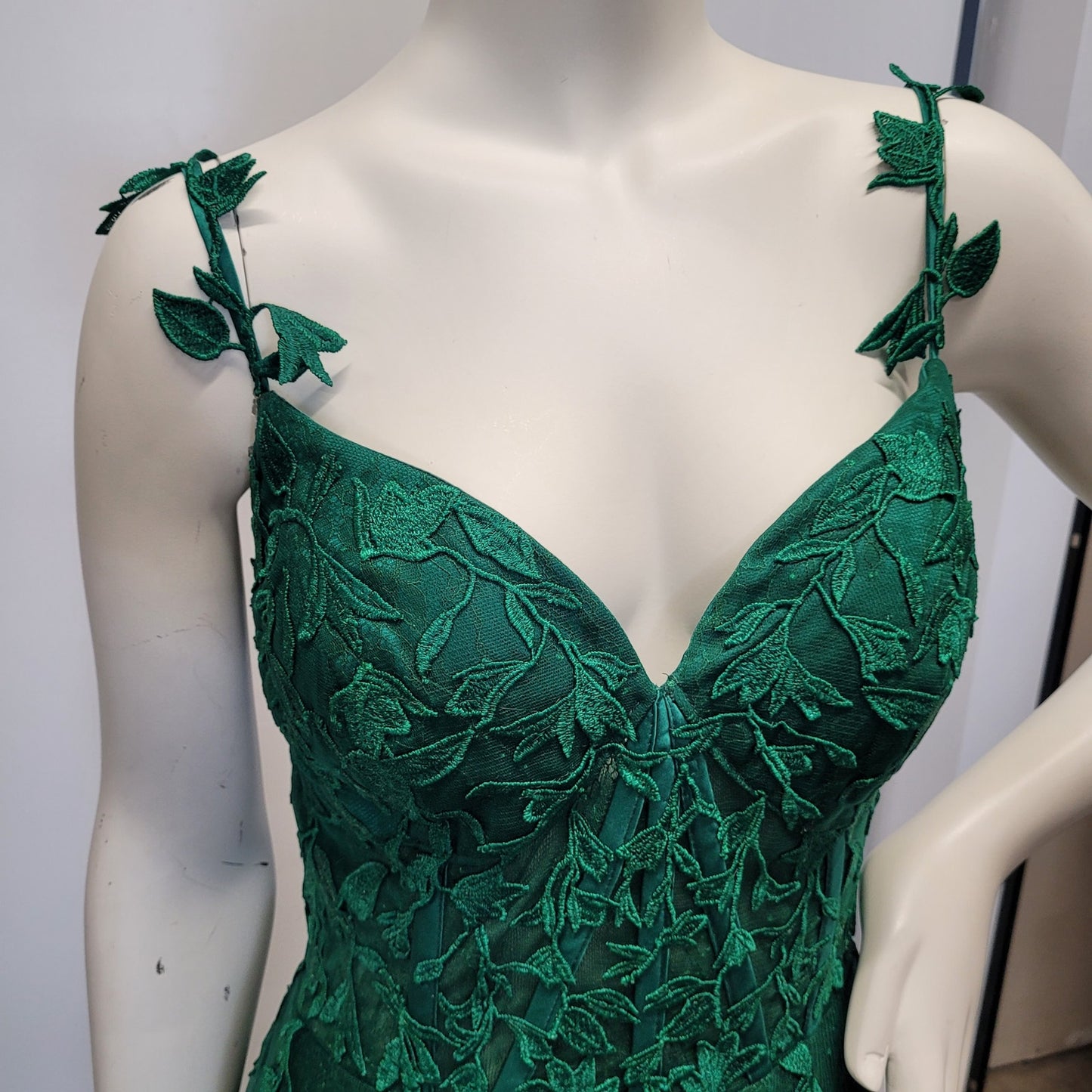 Vine Dress with Semi-Sheer Bodice Corset Back Tulle Skirt Evergreen